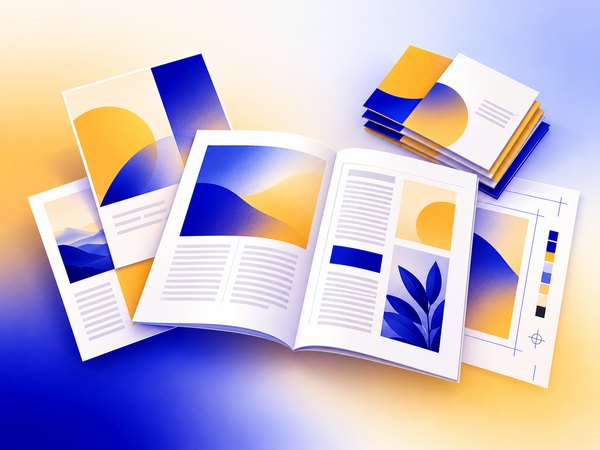 Aufgeschlagene Broschüre und gestapelte Drucksachen im Layout.