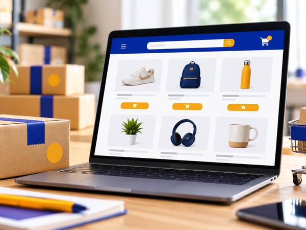 Online-Shop auf einem Laptop, daneben Versandkartons und ein Einkaufswagen.