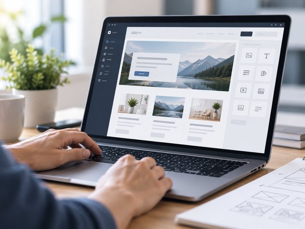 Baukasten einer Website auf einem Laptop, daneben eine Skizze des Seitenaufbaus.